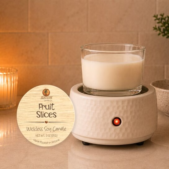 3 oz Fruit Slices wickless soy candle warming on a modern electric candle warmer, handcrafted by Kokopelli Candle Co. in Arizona.