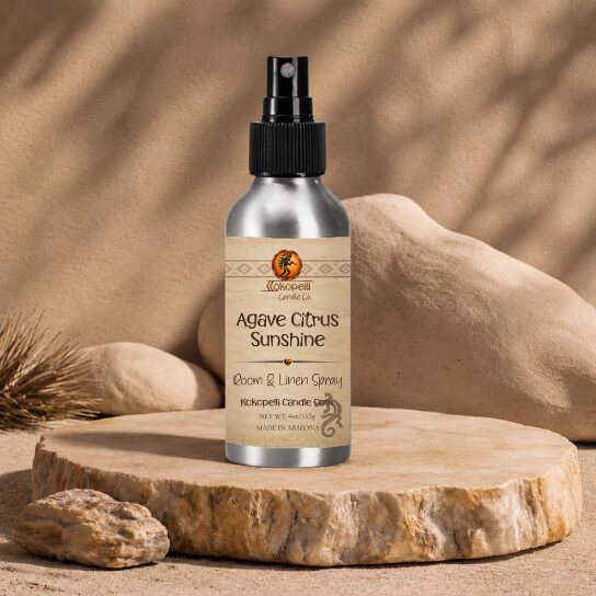 Agave Citrus Sunshine Room & Linen Spray by Kokopelli Candle Co displayed on a sandstone slab with warm desert-inspired décor and soft natural lighting.