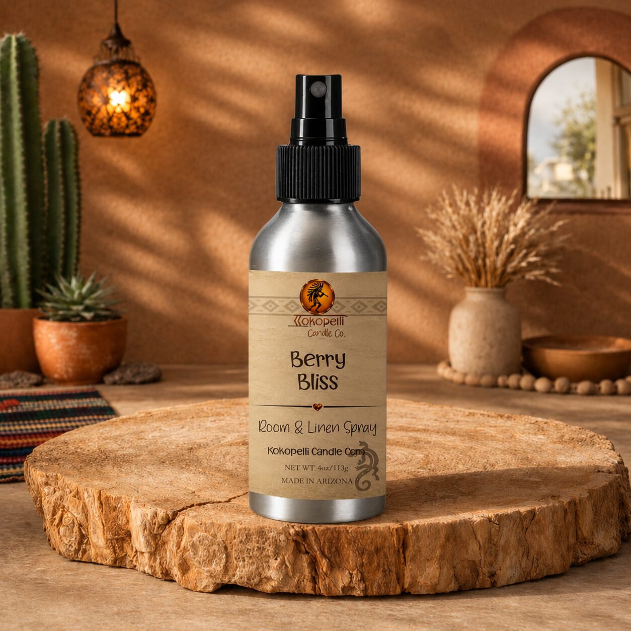 Berry Bliss Room & Linen Spray by Kokopelli Candle Co displayed on petrified wood in a warm Southwest-inspired room with cactus décor and soft desert lighting.