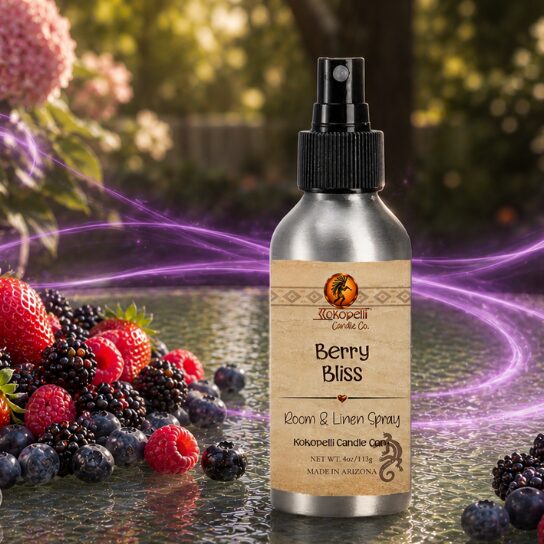 Berry Bliss Room & Linen Spray by Kokopelli Candle Co displayed with fresh berries and glowing purple swirl accents in a warm garden-inspired setting.