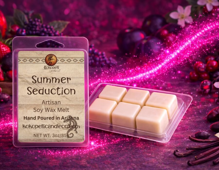Summer Seduction wax melt with warm golden glitter swirl on desert sunset background