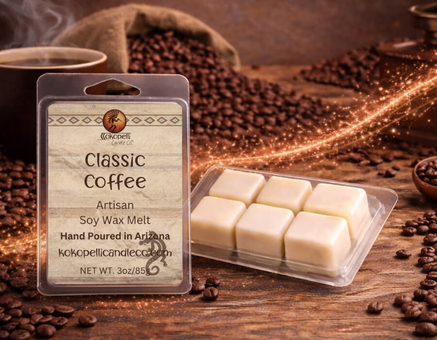 Classic Coffee wax melt with golden glitter swirl and roasted coffee beans on rustic background