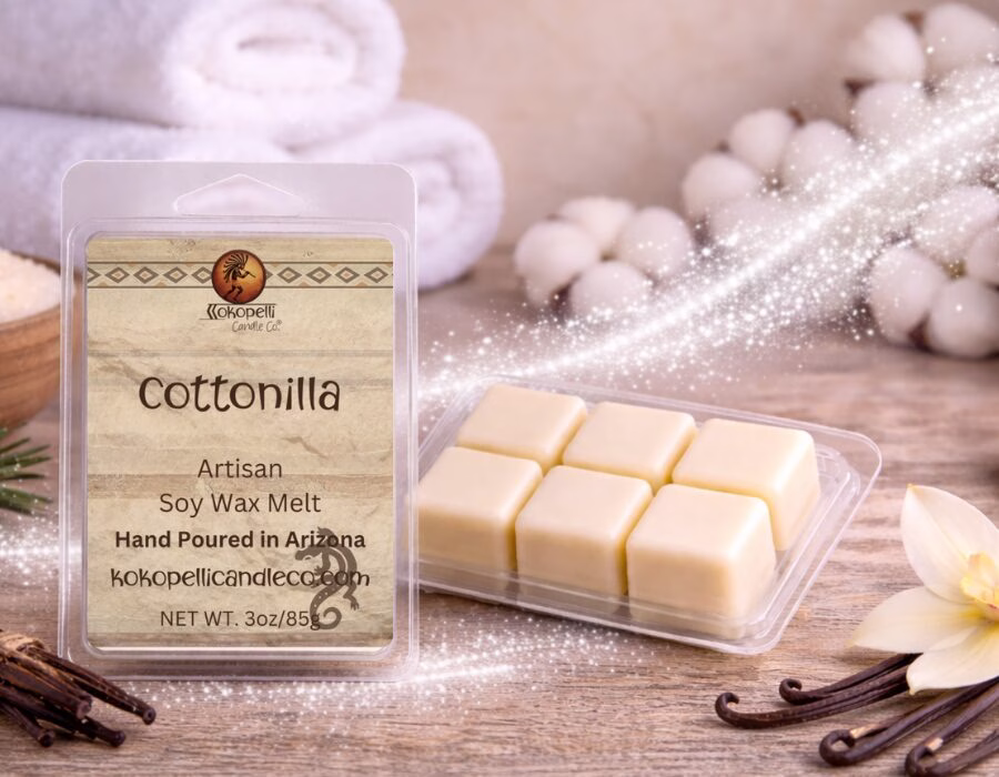 Cottonilla wax melt with soft ivory swirl on clean cotton and vanilla inspired background