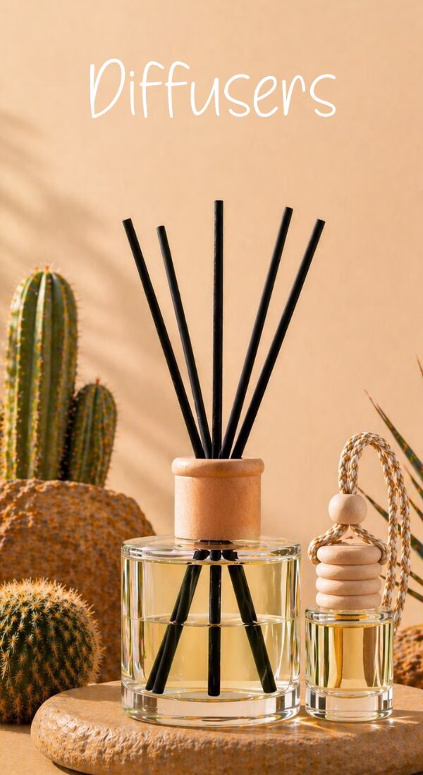Reed diffuser and hanging car diffuser displayed in a warm Arizona-inspired setting with desert cacti and natural wood accents