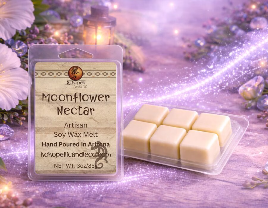 Moonflower Nectar wax melt with soft white and pale lavender glitter swirl on glowing night garden background
