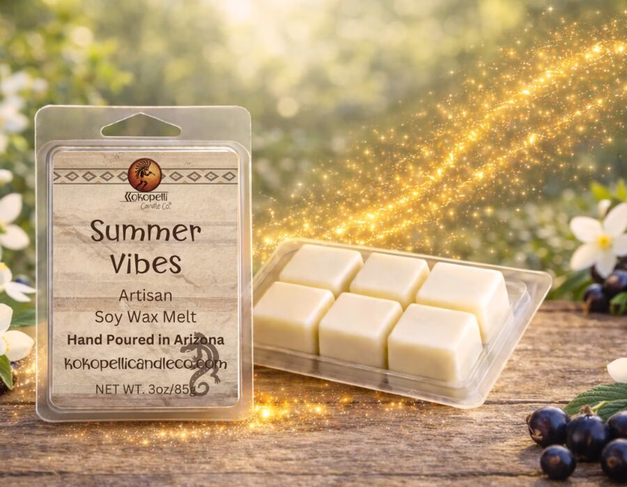 Summer Vibes wax melt with bright citrus tropical glitter swirl on sunny beach background