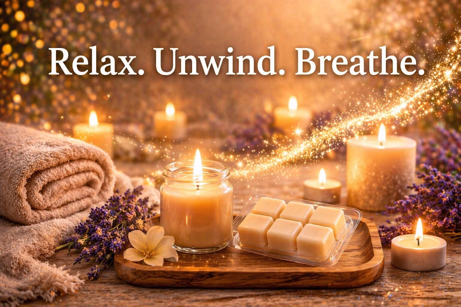 Relaxing wax melt spa scene with lavender, candles, and warm glow creating a calm and peaceful home atmosphere