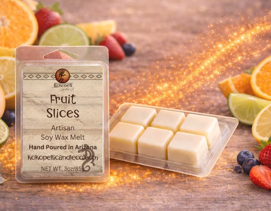 Fruit Slices wax melt with golden citrus glitter swirl and fresh sliced fruit on rustic background