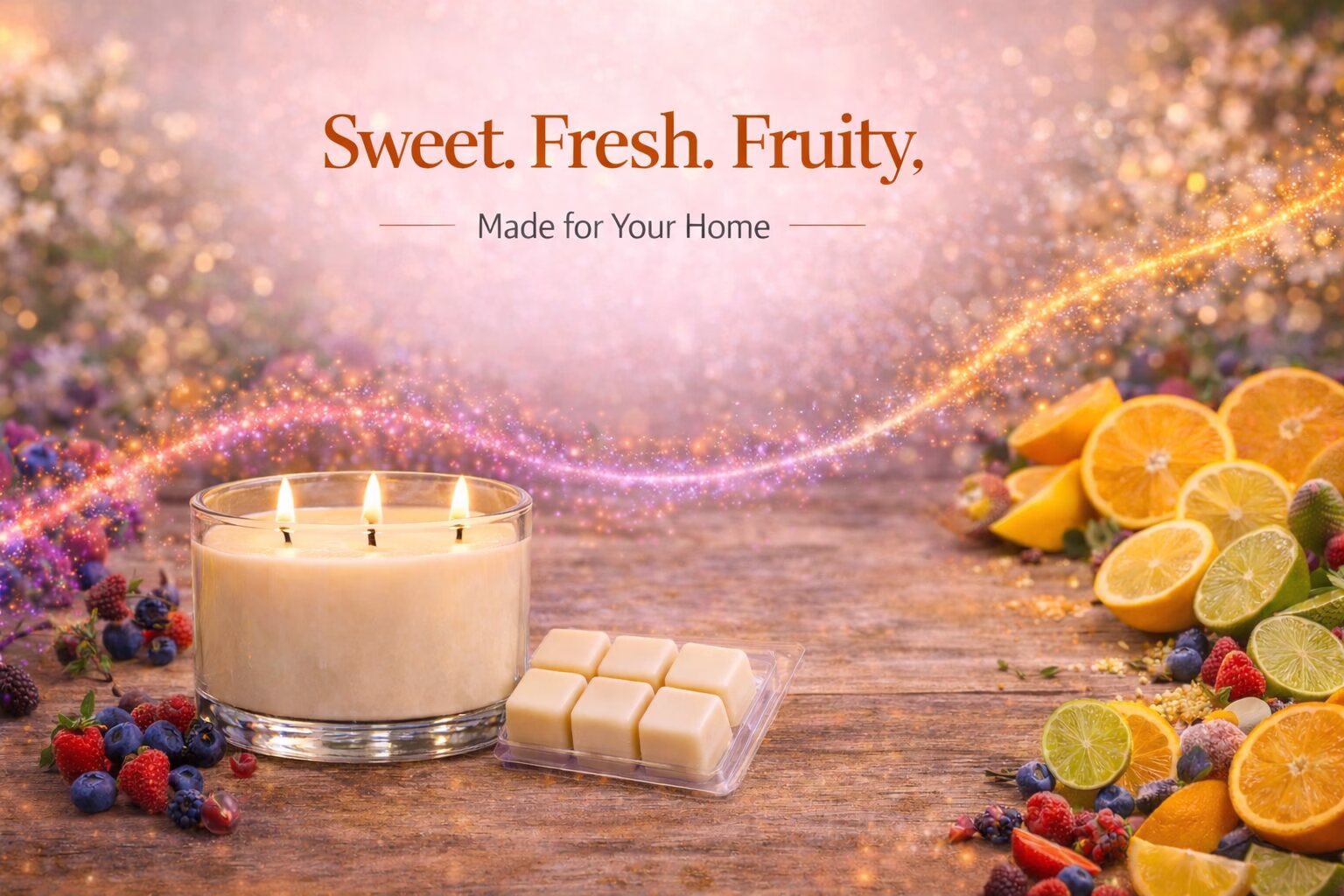 Fruity wax melts with citrus slices, berries, and a three-wick candle creating a bright and sweet smelling home atmosphere