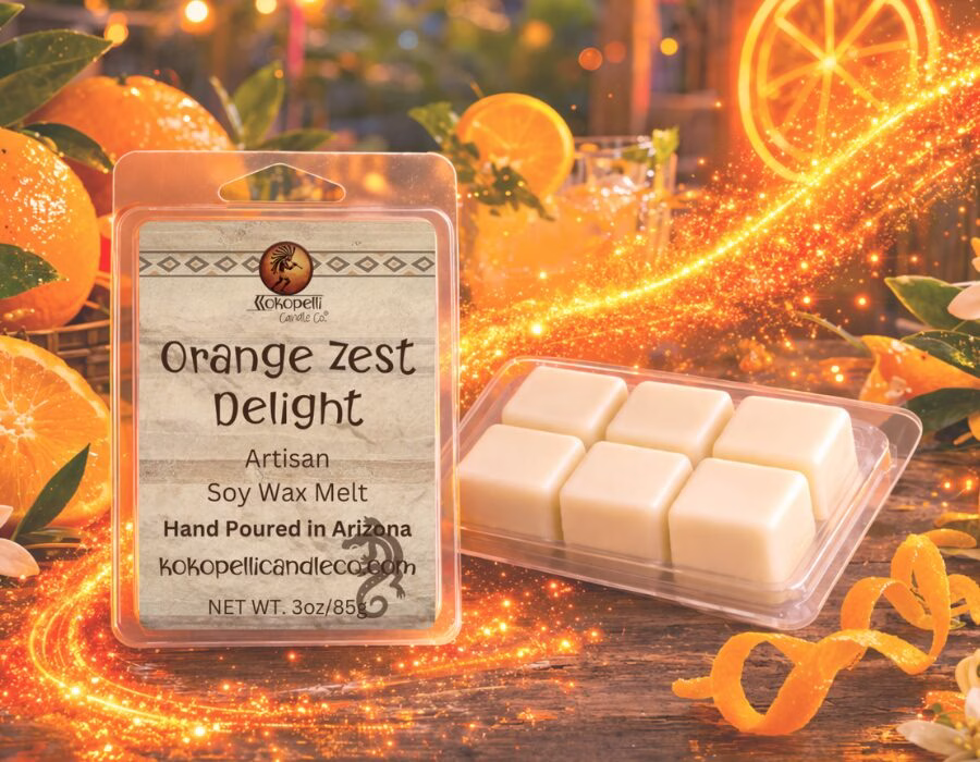 Orange Zest Delight wax melt with golden citrus glitter swirl and fresh oranges on bright background