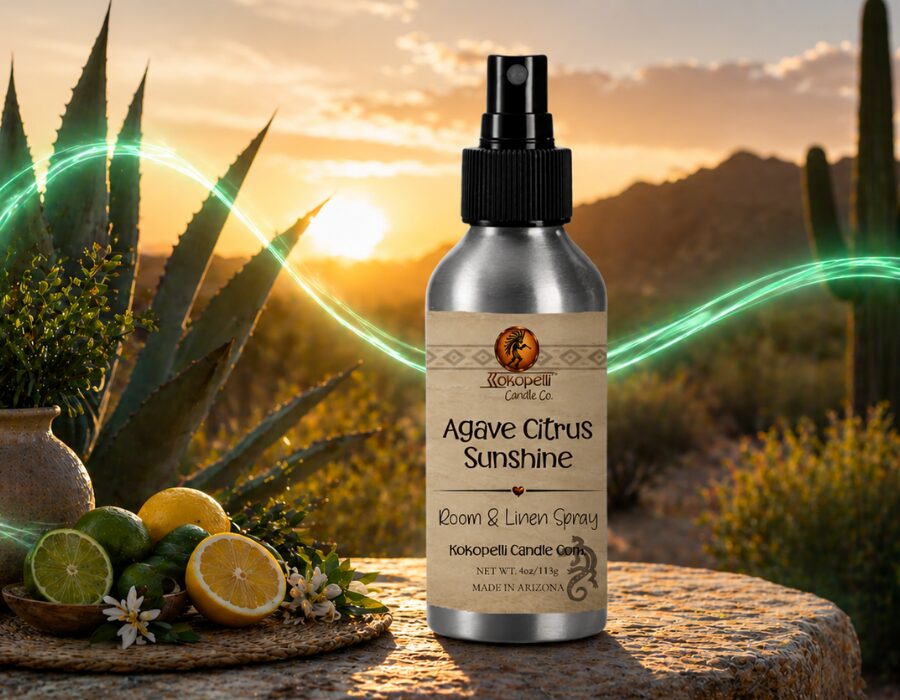 Agave Citrus Sunshine Room & Linen Spray by Kokopelli Candle Co displayed in an Arizona desert sunset scene with citrus fruits, agave plants, and glowing green swirl accents.