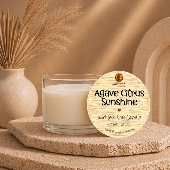 Agave Citrus Sunshine 3oz wickless soy candle by Kokopelli Candle Co displayed on natural stone with warm neutral decor and wooden lid label.