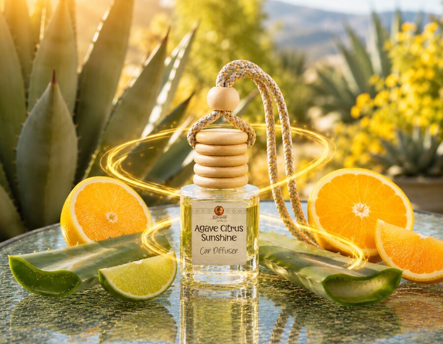 Luxury car diffuser surrounded by agave leaves, oranges, lemons, and citrus slices with a glowing golden yellow-orange swirl on a glass table.