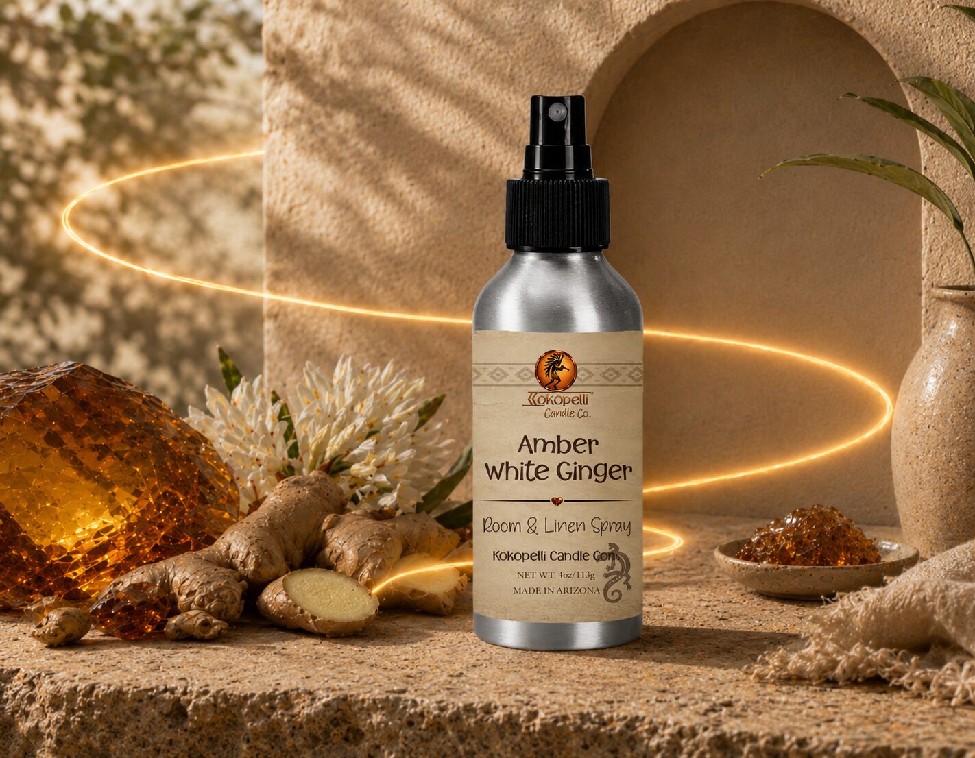 Amber White Ginger Room & Linen Spray by Kokopelli Candle Co displayed with fresh ginger, warm amber accents, and glowing golden swirl lighting in a Southwest-inspired setting.