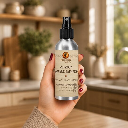 Hand holding Amber White Ginger Room & Linen Spray by Kokopelli Candle Co in a warm modern kitchen setting with soft natural lighting.