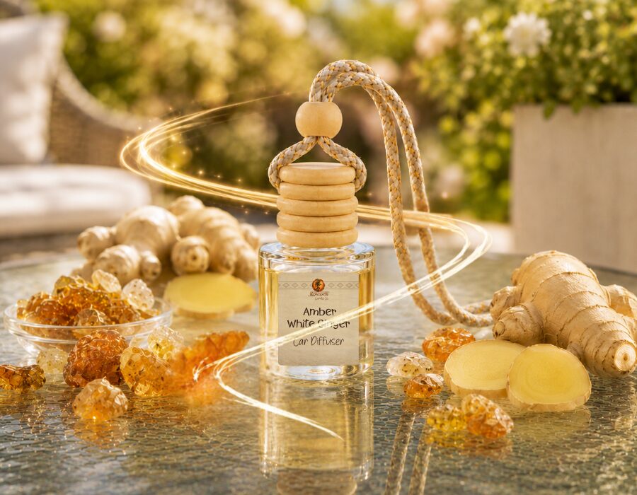 Luxury car diffuser surrounded by amber crystals and fresh sliced ginger on a glass table with a glowing golden swirl.