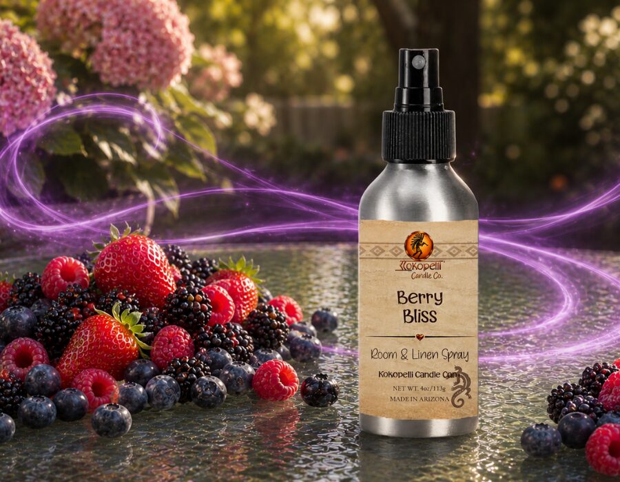 Berry Bliss Room & Linen Spray by Kokopelli Candle Co displayed with fresh berries and glowing purple swirl accents in a warm garden-inspired setting.