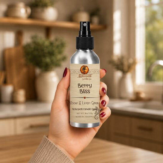 Hand holding Berry Bliss Room & Linen Spray by Kokopelli Candle Co in a warm modern kitchen setting with soft natural lighting.