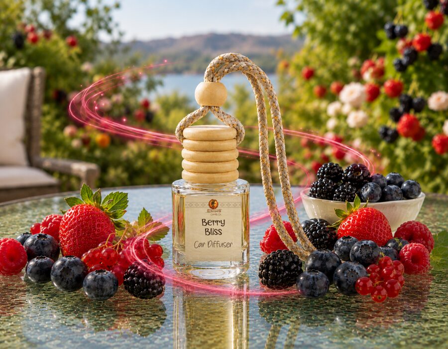 Luxury car diffuser surrounded by strawberries, blueberries, raspberries, blackberries, and red currants with a glowing berry-colored swirl on a glass table.