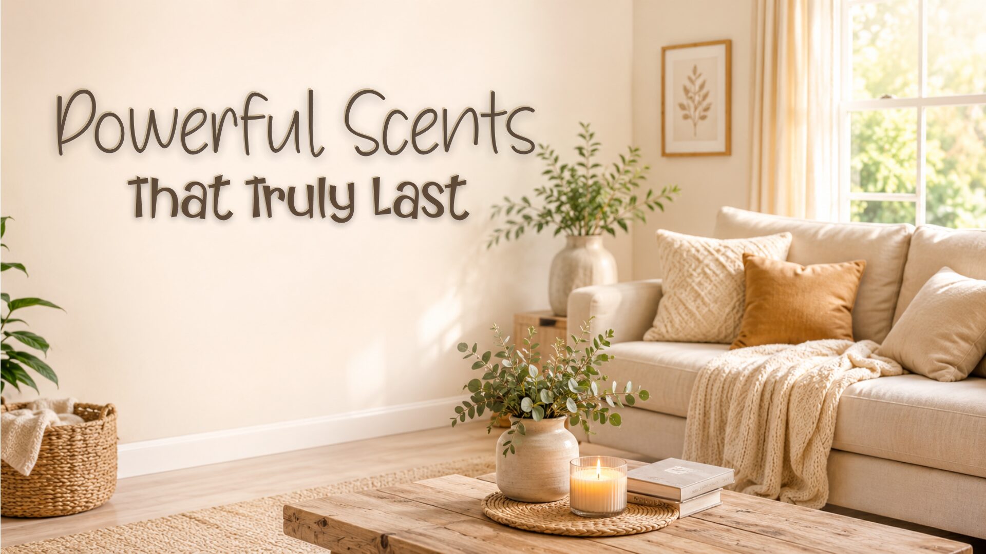 Cozy sunlit living room with warm neutral decor and the words