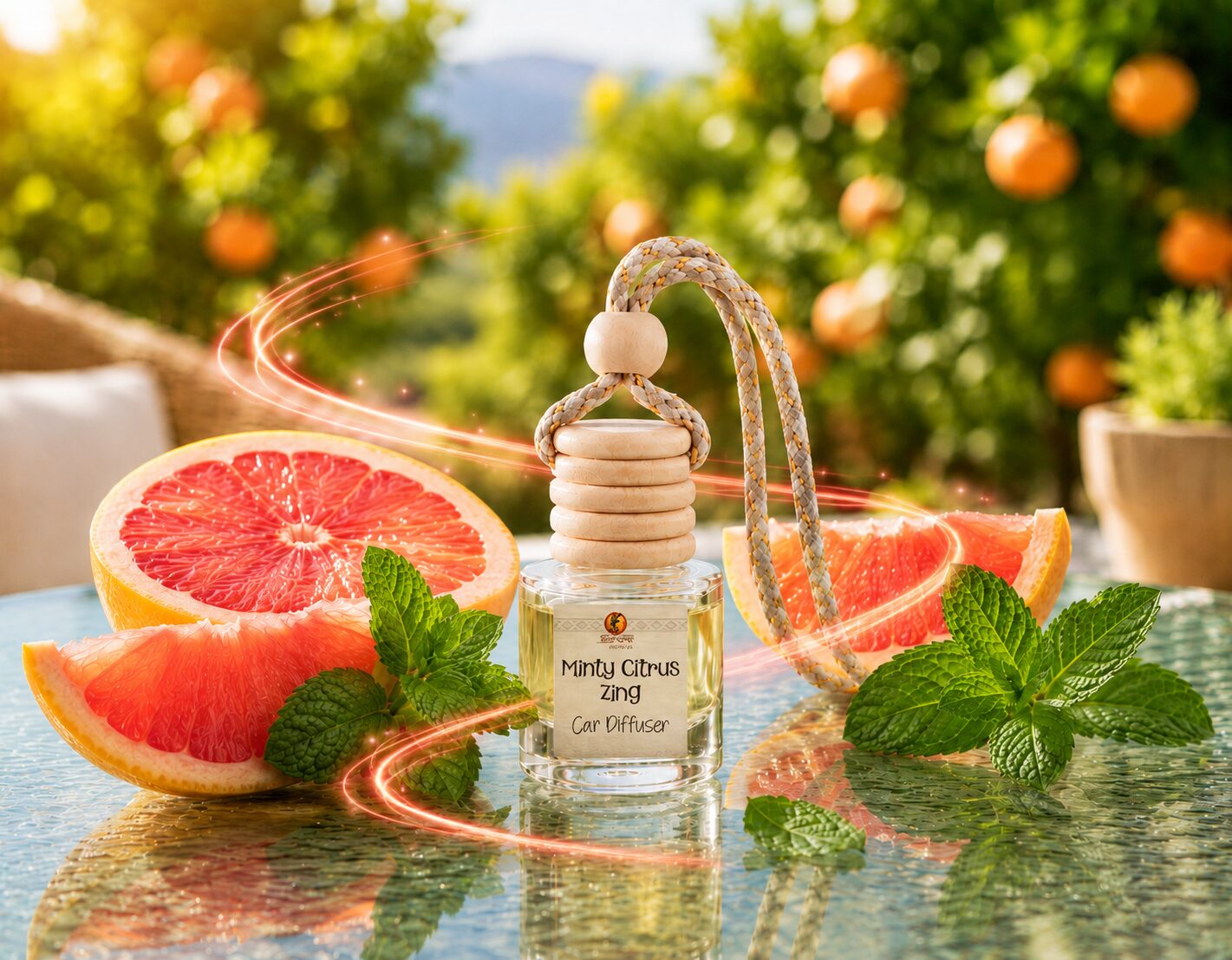 Luxury car diffuser with grapefruit slices, fresh mint leaves, and a glowing pink-orange citrus swirl on a glass table with a blurred citrus grove background.
