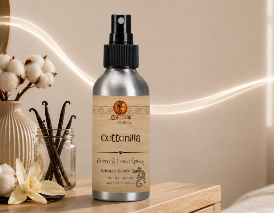 Cottonilla Room & Linen Spray by Kokopelli Candle Co displayed with vanilla beans, cotton stems, and soft glowing swirl accents in a warm neutral setting.