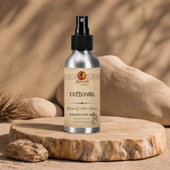 Cottonilla Room & Linen Spray by Kokopelli Candle Co displayed on a sandstone slab with warm desert-inspired décor and soft natural lighting.