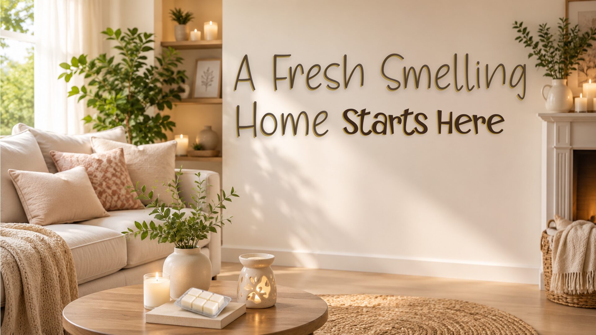 Bright cozy living room with candles, wax melts, and ceramic wax warmer in a clean modern home with soft natural light and space for text overlay.