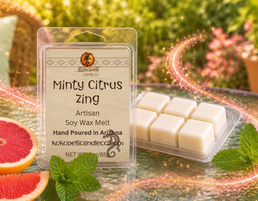 Minty Citrus Zing wax melt in clear clamshell packaging with grapefruit slices, fresh mint leaves, and sparkling pink citrus swirl on outdoor glass patio table.