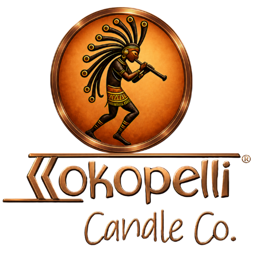 Kokopelli Candle Co. copper metallic logo featuring a Southwest-inspired Kokopelli figure playing a flute inside a circular emblem with elegant artisan typography on a transparent background.