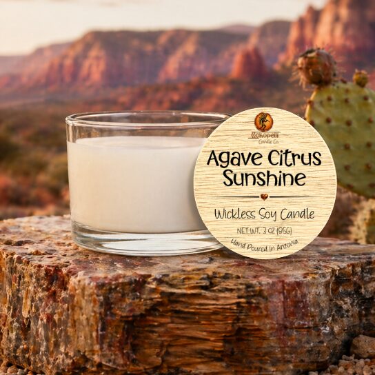 Agave Citrus Sunshine 3oz wickless soy candle by Kokopelli Candle Co displayed on petrified wood in an Arizona desert landscape with cactus and red rock mountains.