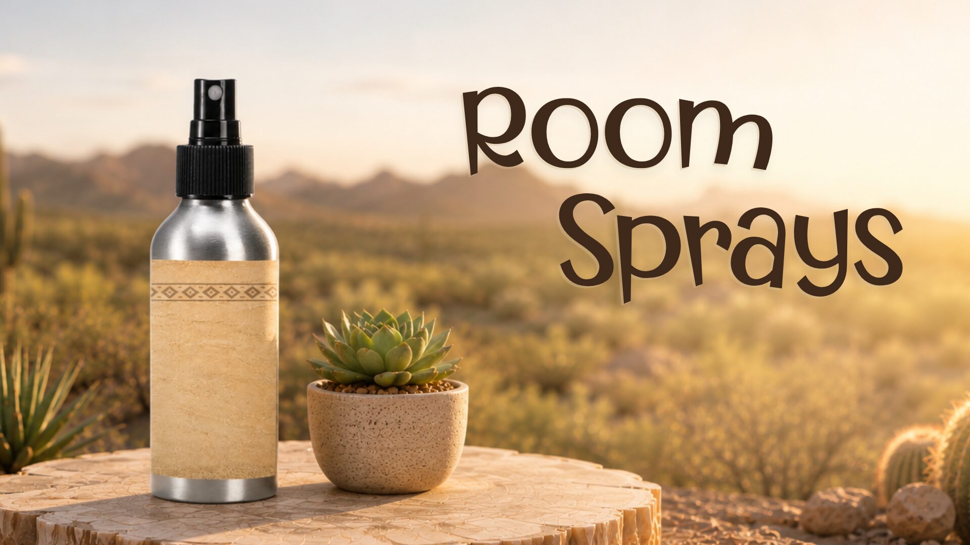 Kokopelli Candle Co room spray bottle displayed on petrified wood in a warm Arizona desert landscape with succulent plants and soft golden sunset lighting.