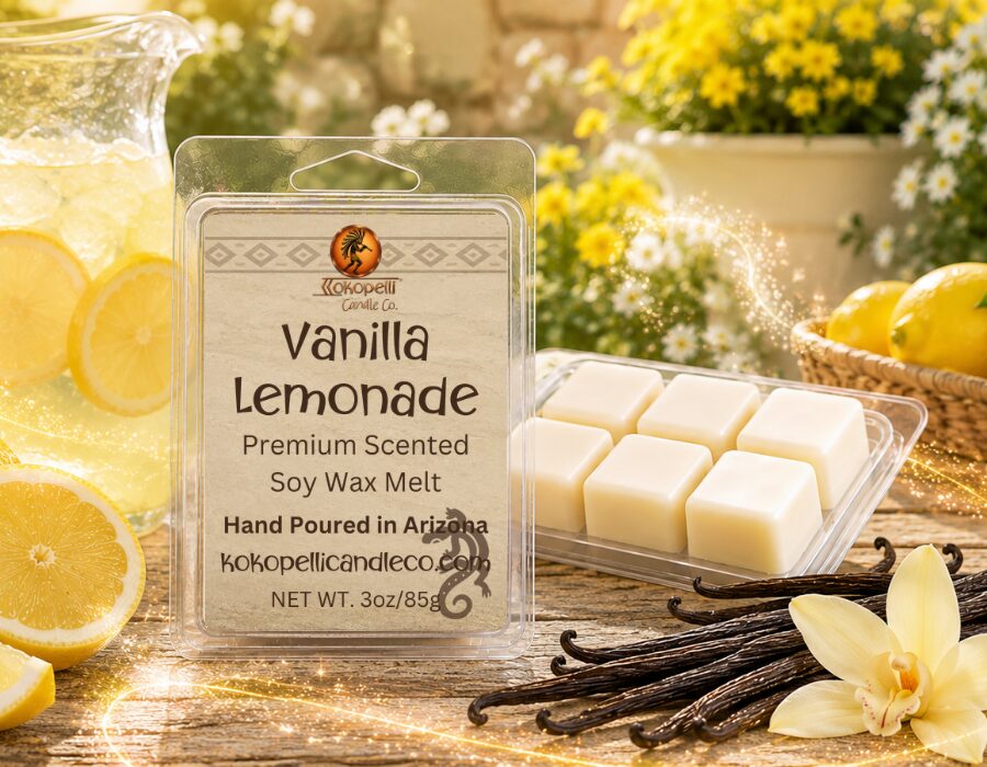 Vanilla Lemonade wax melt in clear clamshell packaging displayed outdoors with fresh lemons, lemonade pitcher, vanilla beans, and glowing golden swirl on rustic wood table.