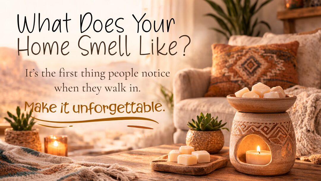 Warm Southwest-inspired living room scene featuring a glowing wax melt warmer with creamy ivory wax melts, cozy neutral decor, soft candlelight, and the text “What Does Your Home Smell Like? Make it unforgettable.” Elegant home fragrance lifestyle image for Kokopelli Candle Co.