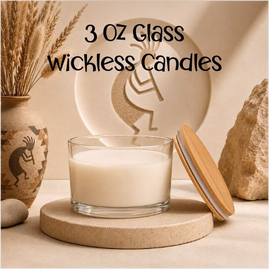 3 oz glass wickless candles with natural bamboo lids displayed in a Southwest-inspired setting, handcrafted by Kokopelli Candle Co. in Arizona.