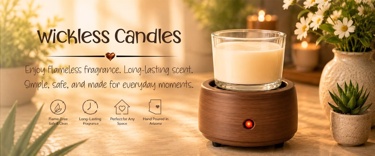 Kokopelli Candle Co. wickless soy candle on a ceramic candle warmer with cozy home décor, promoting flameless, long-lasting fragrance hand poured in Arizona.